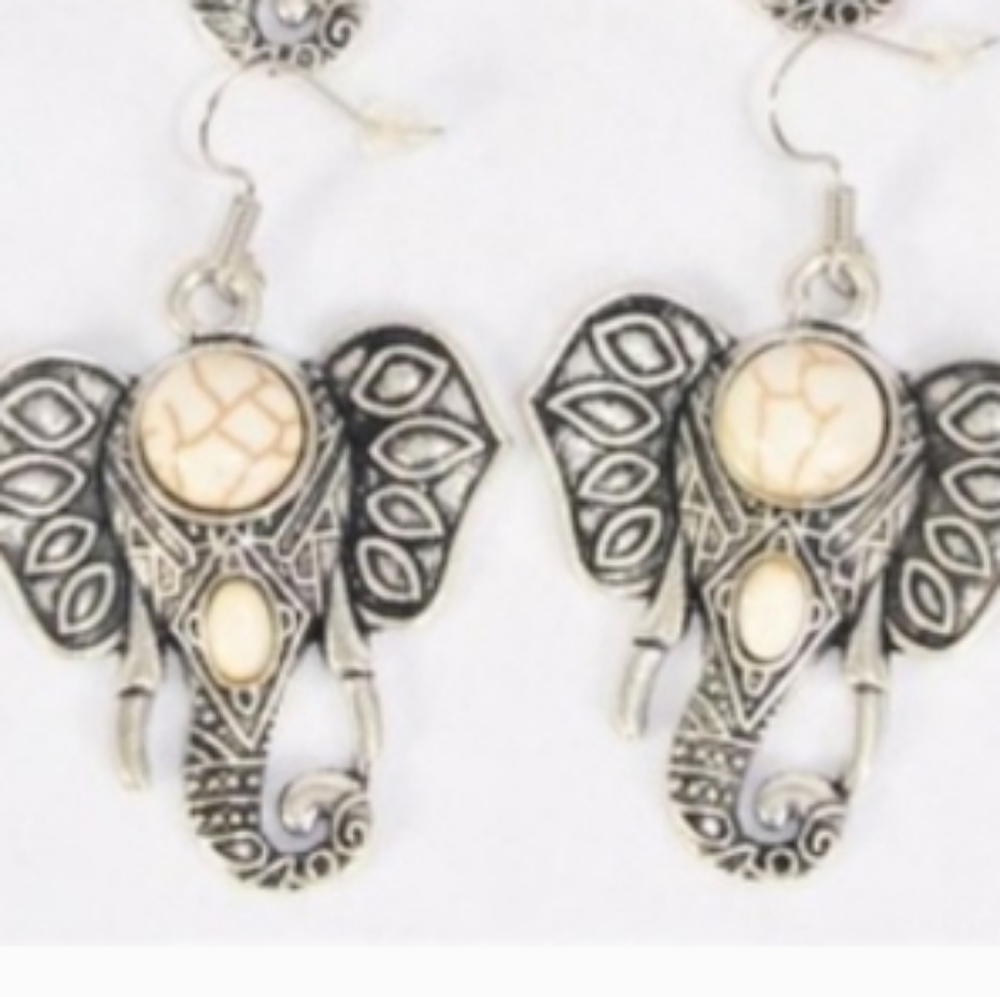 Elephant Earrings Ivory WHITE and Silver semiprecious stone Elephant Head pierc…